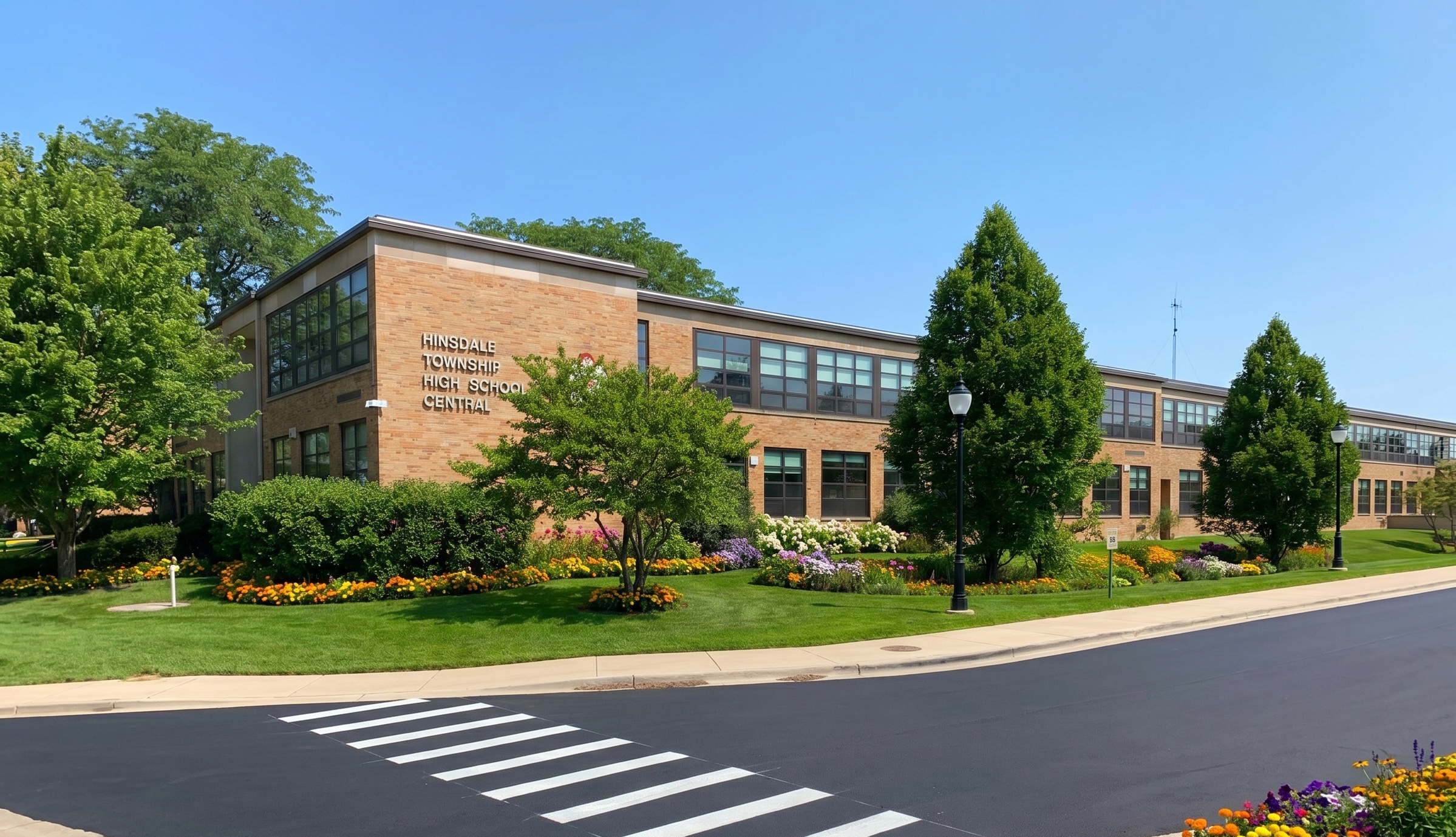 Hinsdale Central High School campus, brick and glass facade with mature landscaping